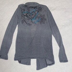 Roxy Gray Striped Long Sleeve Tee with Teal Heart Graphic